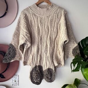 VALIANT crochet knit poncho SWEATER asymmetricaL hem cotton‎ blend   LAGENLOOK
